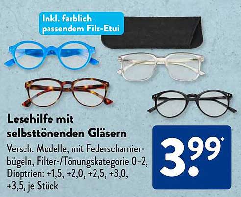 Lesebrille mit selbsttönenden Gläsern inkl. farblich passendem Filz-Etui