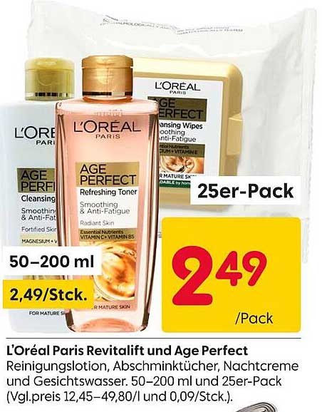 L'Oréal Paris Revitalift und Age Perfect – Reinigungslotion, Abschminktücher, Nachtcreme und Gesichtswasser