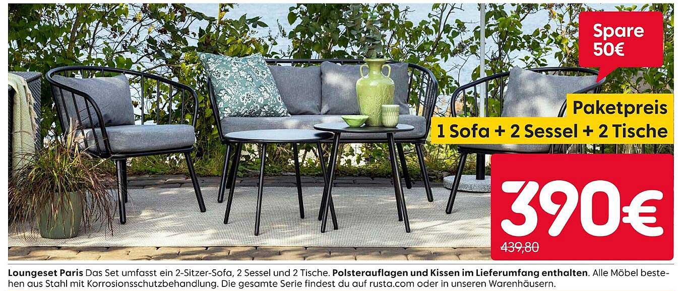 Loungeset Paris: 1 Sofa + 2 Sessel + 2 Tische zum Paketpreis