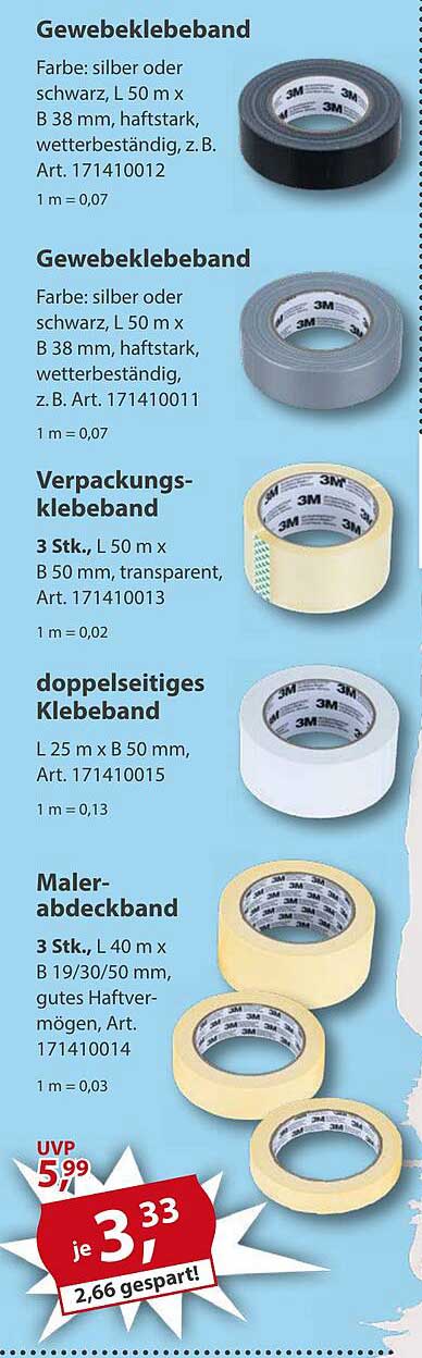 Malerabdeckband 3 Stk., 40 m x B 19/30/50 mm, gutes Haftvermögen