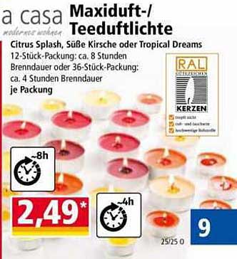 Maxiduft-/Teelicht - Citrus Splash, Süße Kirsche oder Tropical Dreams