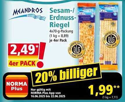 MEANDROS Sesam-/Erdnuss-Riegel 4er Pack - 20% günstiger!