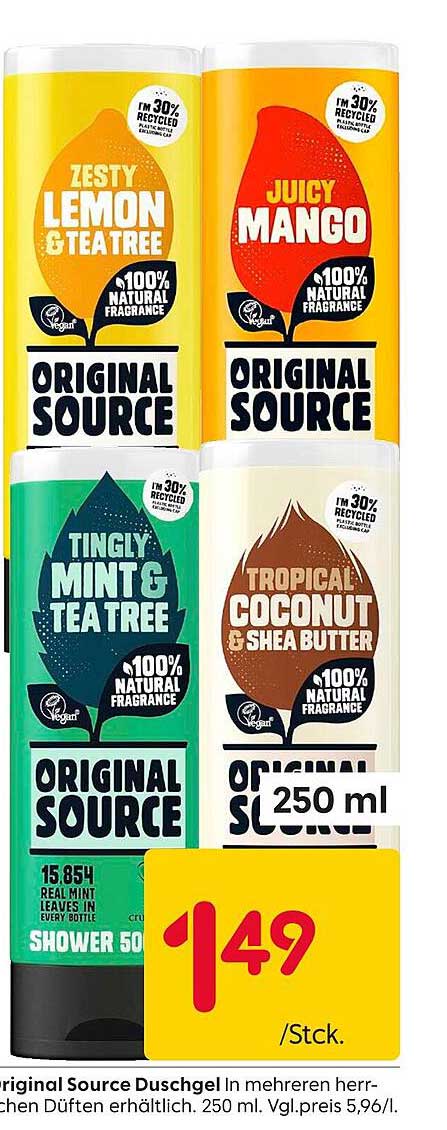 Original Source Duschgel 250 ml - Zesty Lemon & Tea Tree, Juicy Mango, Tingly Mint & Tea Tree, Tropical Coconut & Shea Butter