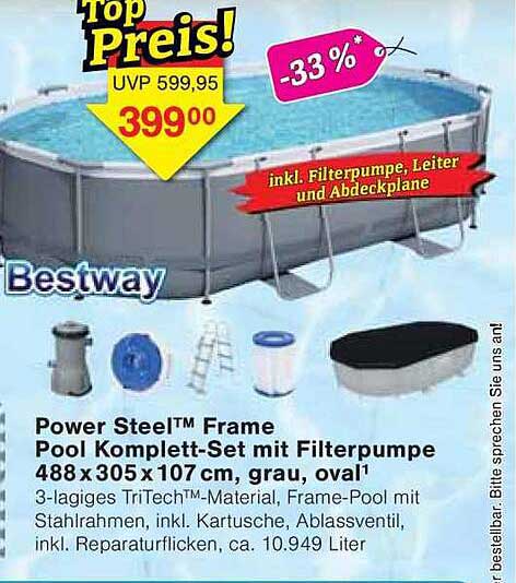Power Steel™ Frame Pool Komplett-Set mit Filterpumpe 488 x 305 x 107 cm, grau, oval