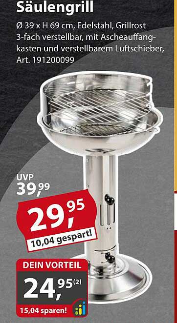 Säulen-Grill 39 cm aus Edelstahl, 3-fach verstellbar