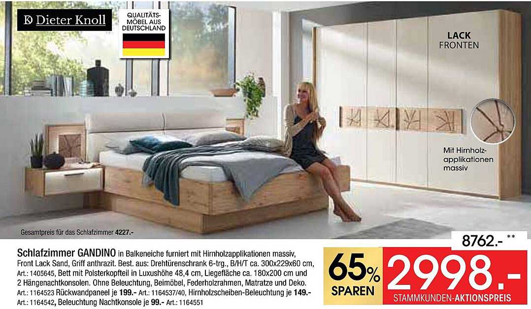 Schlafzimmer GANDINO in Balkeneiche mit Hirnholz-Applikationen