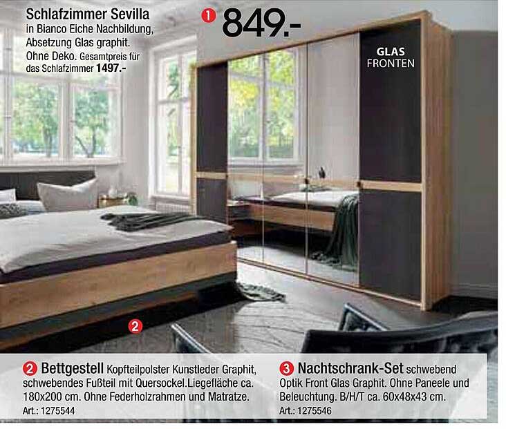 Schlafzimmer Sevilla in Bianco Eiche Nachbildung mit Absetzung Glas graphit