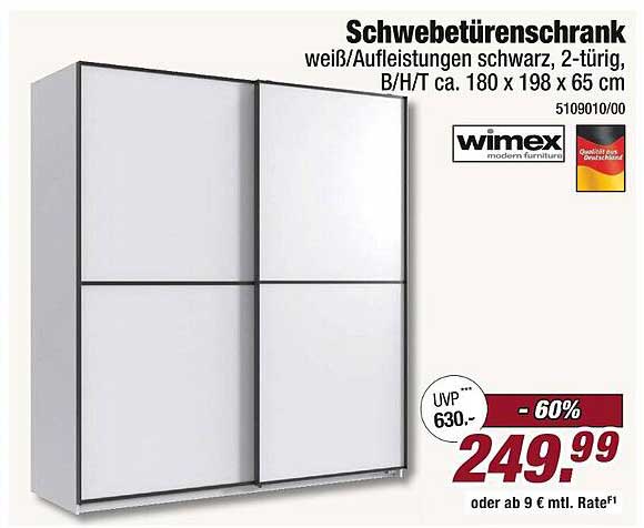 Schwebetürenschrank weiß/Schwarz, 2-türig, B/H/T ca. 180 x 198 x 65 cm