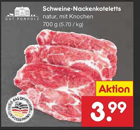 Schweine-Nackensteaks natur, mit Knochen 700 g (5,70 / kg)