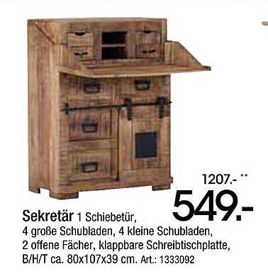 Sekretär 1 Schiebetür, 4 große Schubladen, 4 kleine Schubladen
