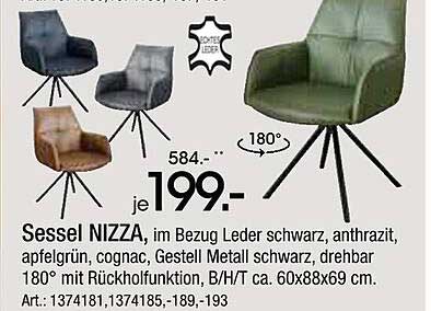 Sessel NIZZA im Bezug Leder schwarz, anthrazit, apfelgrün, cognac