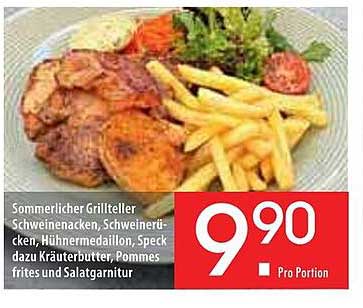 Sommerlicher Grillteller Schweinenacken, Schweinerücken, Hühnermedaillon, Speck dazu Kräuterbutter, Pommes frites und Salatgarnitur