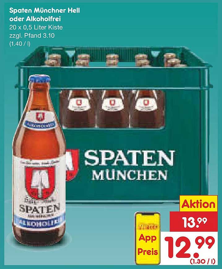 Spaten Münchner Hell oder Alkoholfrei - 20 x 0,5 Liter Kiste