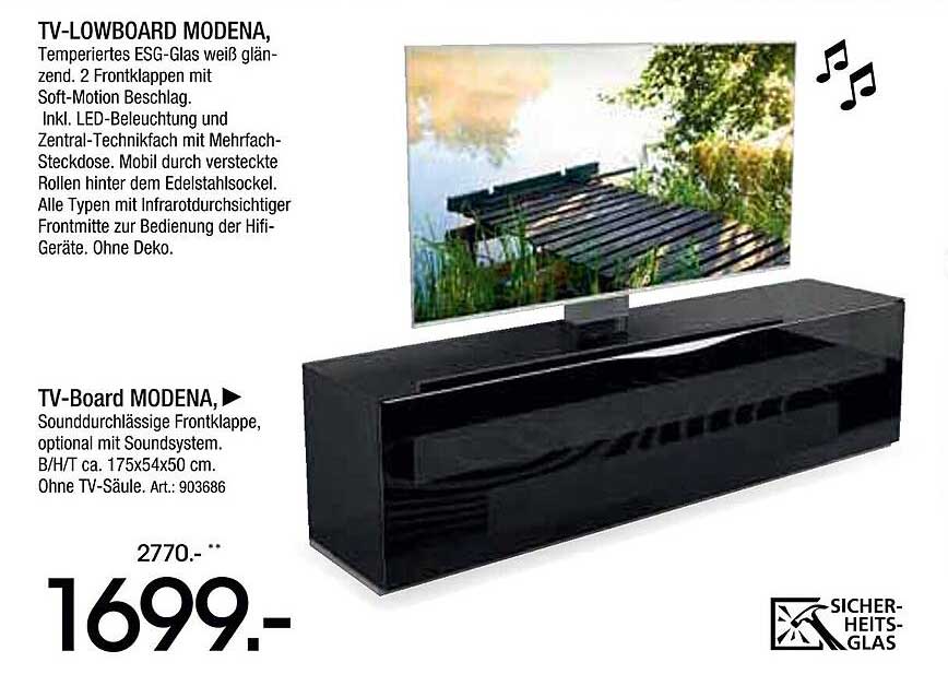 TV-LOWBOARD MODENA, Temperiertes ESG-Glas weiß glänzend