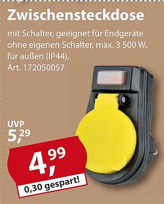 Zwischensteckdose mit Schalter, geeignet für Endgeräte ohne eigenen Schalter