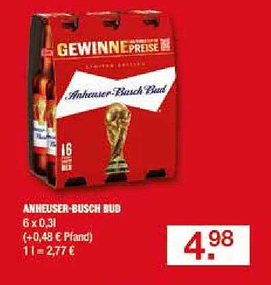 ANHEUSER-BUSCH BUD 6 x 0,3l + 0,48 € Pfand 1l = 2,77 €