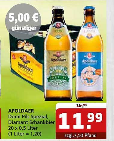 APOLDAER Domi Pils Spezial, Diamant Schankbier 20 x 0,5 Liter (1 Liter = 1,20)