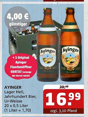 AYINGER Lager Hell Jahrhunder Bier, Ur-Weisse 20 x 0,5 Liter (1 Liter = 1,70)