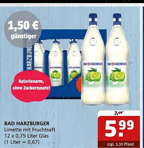 BAD HARZBURGER Limette mit Fruchtsaft 12 x 0,75 Liter Glas (1 Liter = 0,67)