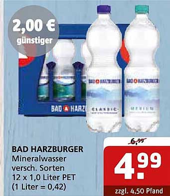 BAD HARZBURGER Mineralwasser versch. Sorten 12 x 1,0 Liter PET (1 Liter = 0,42)