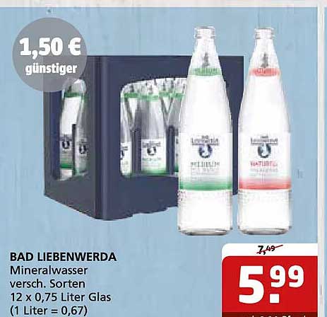 BAD LIEBENWERDA Mineralwasser versch. Sorten 12 x 0,75 Liter Glas (1 Liter = € 0,66)