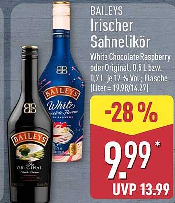 BAILEYS Irischer Sahnelikör White Chocolate Raspberry oder Original; 0,5 l bzw. 0,7 l; je 17 % Vol.; Flasche