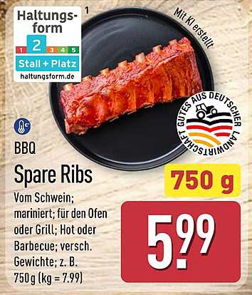 BBQ Spare Ribs Vom Schwein; mariniert; für den Ofen oder Grill; Hot oder Barbecue; versch. Gewichte; z. B. 750 g (kg = 7,99)
