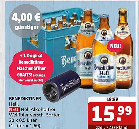 BENEDIKTINER Hell, NEU! Hell Alkoholfrei Weißbier versch. Sorten 20 x 0,5 Liter (1 Liter = 1,60)