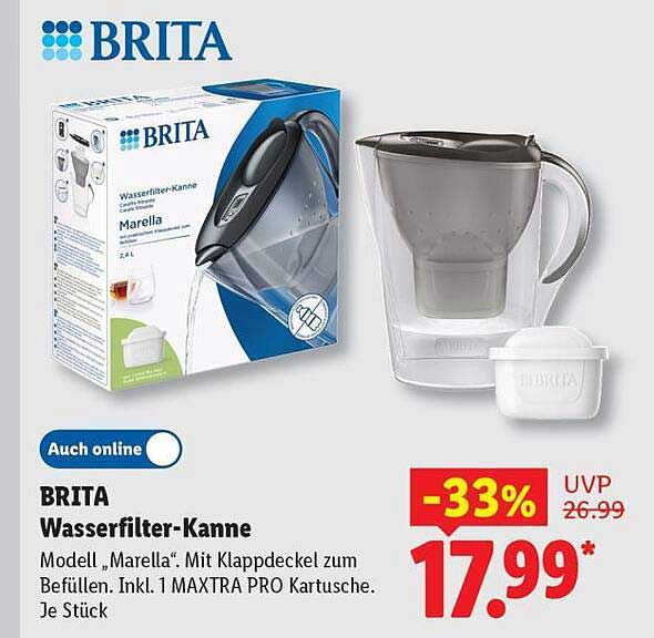 BRITA Wasserfilter-Kanne Modell „Marella“. Mit Klappdeckel zum Befüllen. Inkl. 1 MAXTRA PRO Kartusche. Je Stück