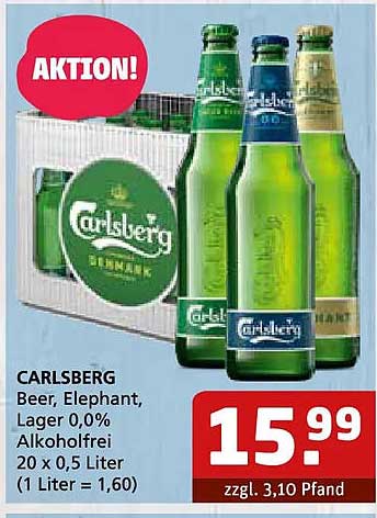 CARLSBERG Beer, Elephant, Lager 0,0% Alkoholfrei 20 x 0,5 Liter (1 Liter = 1,60)