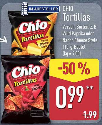 Chio Tortillas Versch. Sorten, z. B. Wild Paprika oder Nacho Cheese Style; 110-g-Beutel (kg = 9.00)