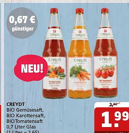 CREYDT BIO Gemüsesaft, BIO Karottensaft, BIO Tomatensaft, 0,7 Liter Glas