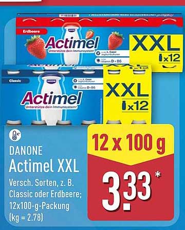 DANONE Actimel XXL Versch. Sorten, z. B. Classic oder Erdbeere: 12x100 g-Packung (kg = 2,78)