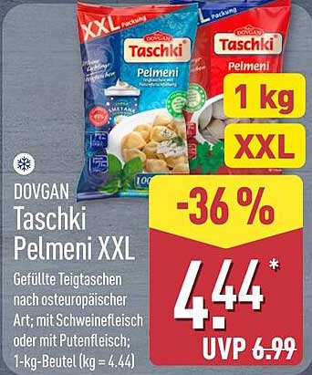 DOVGAN Taschki Pelmeni XXL Gefüllte Teigtaschen nach osteuropäischer Art; mit Schweinefleisch oder mit Putenfleisch; 1-kg-Beutel