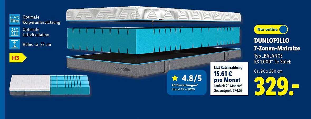 DUNLOPILLO 7-Zonen-Matratze Typ „BALANCE KS 1.000“ Je Stück