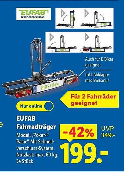 EUFAB Fahrradträger Modell „Poker-F Basic“. Mit Schnellverschluss-System. Nutzlast: max. 60 kg. Je Träger