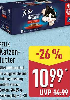 Felix Katzenfutter Alleinfuttermittel für ausgewachsene Katzen; Packung enthält versch. Sorten; 40x85-g-Packung (kg = 3.23)