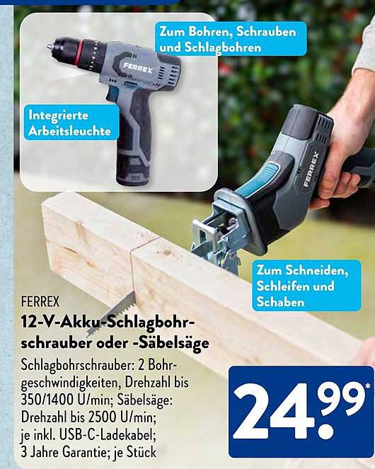 FERREX 12-V-Akku-Schlagbohrschrauber oder -Säbelsäge