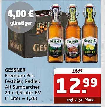GESSNER Premium Pils, Festbier, Radler, Alt Sumbarcher 20 x 0,5 Liter BV (1 Liter = 1,30)