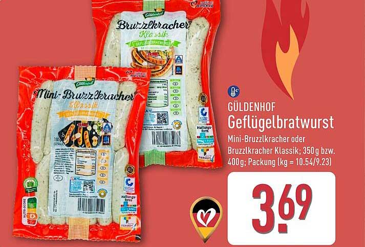 GÜLDENHOF Geflügelbratwurst Mini-Bruzzlkracher oder Bruzzlkracher Klassik; 350 g bzw. 400 g; Packung (kg = 10.54/9.23)