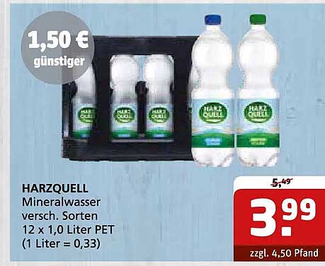 HARZQUELL Mineralwasser versch. Sorten 12 x 1,0 Liter PET (1 Liter = 0,33)