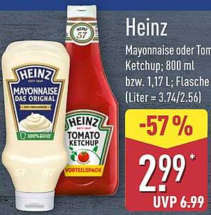 Heinz Mayonnaise oder Tomatenketchup; 800 ml bzw. 1,17 l / Flasche (Liter = 3,74/2,56)