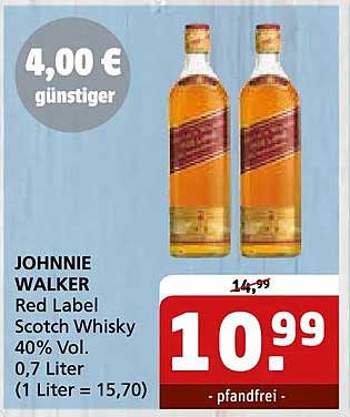 JOHNNIE WALKER Red Label Scotch Whisky 40% Vol. 0,7 Liter (1 Liter = 15,70)