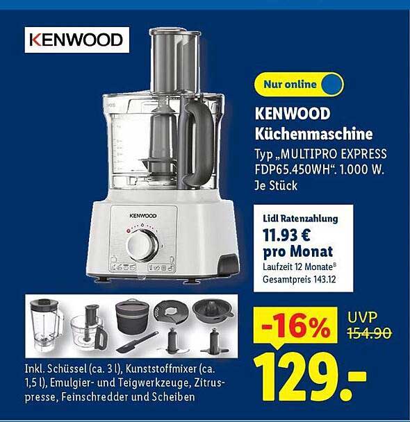 KENWOOD Küchenmaschine Typ „MULTIPRO EXPRESS FDP65.450WH“: 1.000 W, Je Stück