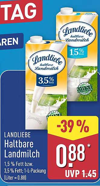 LANDLIEBE Haltbare Landmilch 1,5 % Fett bzw. 3,5 % Fett, 1-L-Packung (Liter = 0.88)