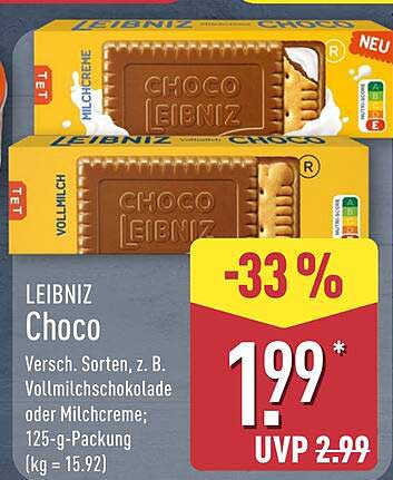 LEIBNIZ Choco Versch. Sorten, z. B. Vollmilchschokolade oder Milchcreme: 125-g-Packung (kg = 15.92)