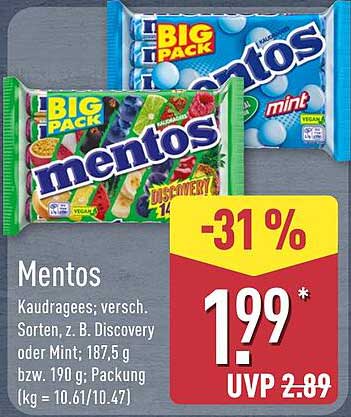 Mentos Kaudragees; versch. Sorten, z. B. Discovery oder Mint; 187,5 g bzw. 190 g; Packung (kg = 10.61/10.47)