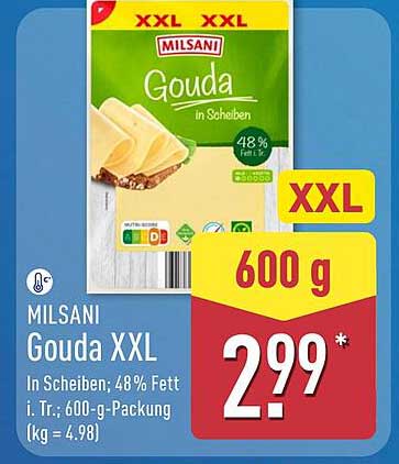 MILSANI Gouda XXL In Scheiben; 48% Fett i. Tr.; 600-g-Packung (kg = 4,98)