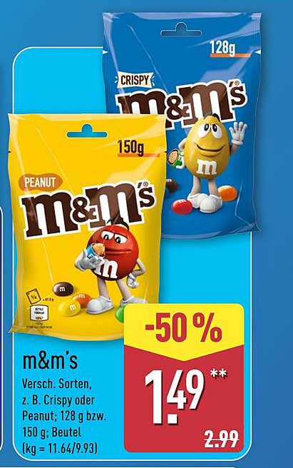 m&m’s Versch. Sorten, z. B. Crispy oder Peanut; 128 g bzw. 150 g; Beutel