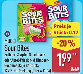 Mucci Sour Bites Erdbeer- & Apfel-Geschmack oder Apfel-Pfirsich- & Himbeer-Geschmack; je 12 Stück; 12x15 ml (Liter = 11.06)
